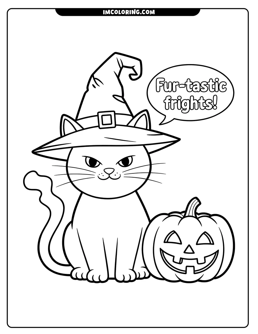 Printable line art of A cat wearing a witch hat sitting next to a carved Halloween pumpkin and a speech bubble