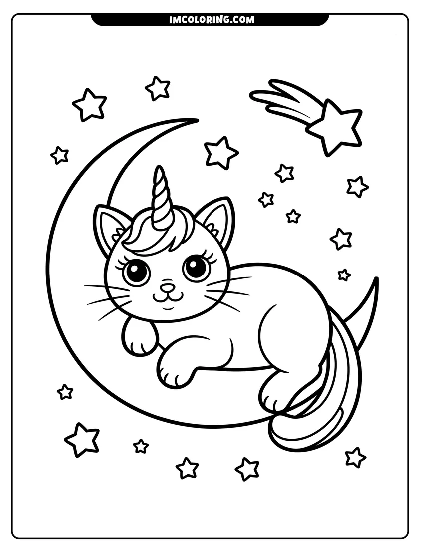 PDF style coloring page: A cute caticorn with a unicorn horn lying on a crescent moon surrounded by many small stars