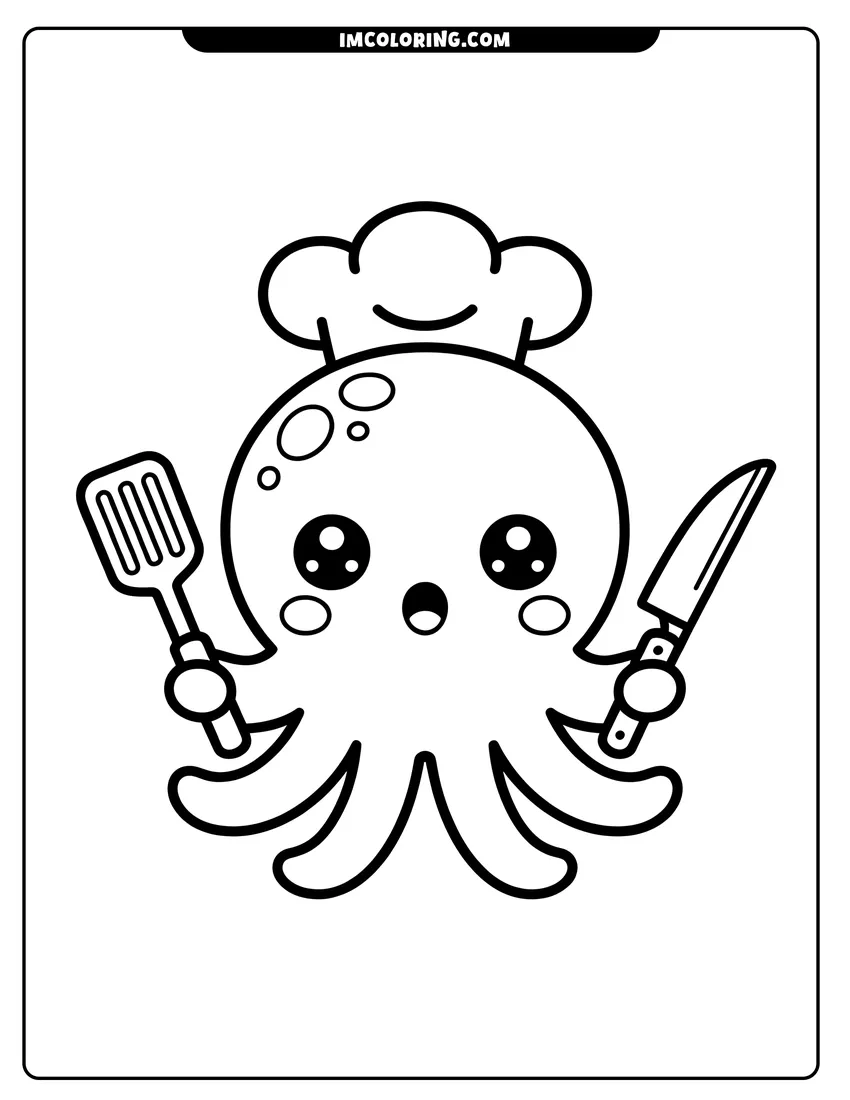 Printable line art of A cute cartoon octopus wearing a white chef's hat and holding a spatula and a kitchen knife