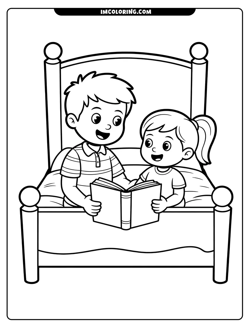Outline drawing of A cartoon boy and girl sitting together in bed and reading an open book with happy smiles