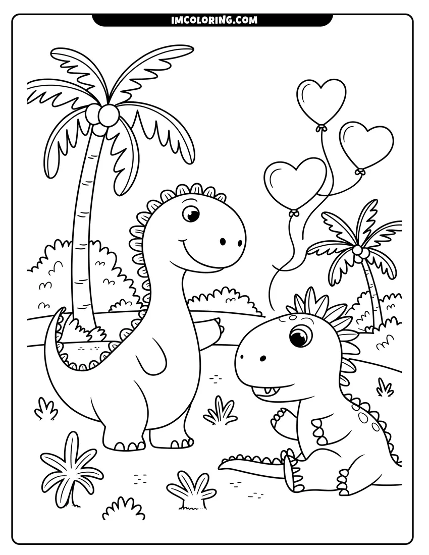 Free printable coloring sheet of Two happy cartoon dinosaurs standing near palm trees with heart-shaped balloons in the background under a clear sky