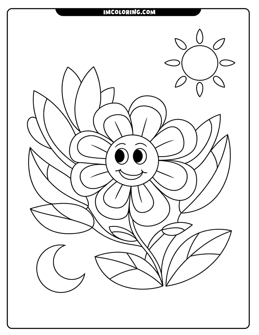 Coloring page for kids: A smiling cartoon flower surrounded by large leaves with a sun and crescent moon in the sky above