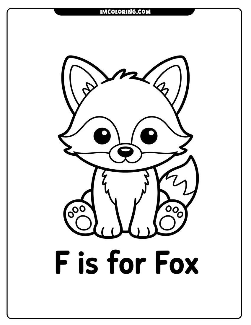 Linear illustration of A cartoon baby fox sitting down with large eyes and the text F is for Fox below