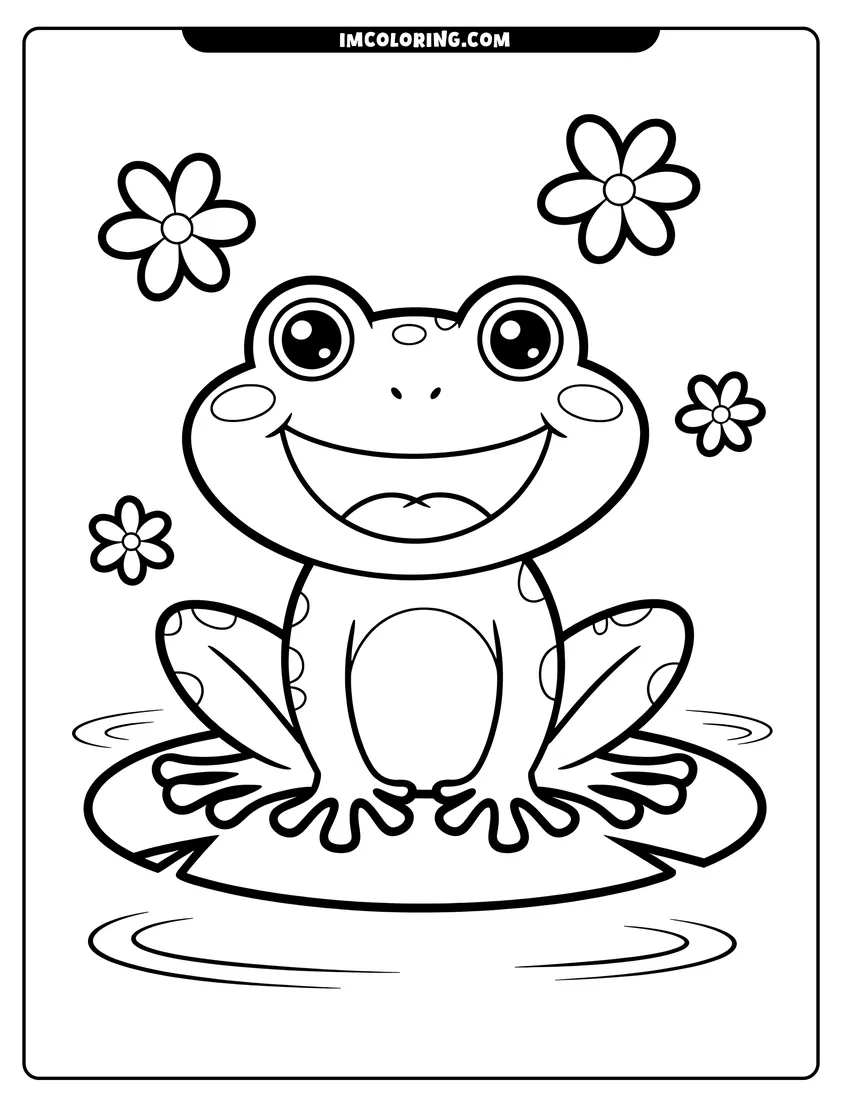 Coloring page for kids: A smiling cartoon frog sitting on a lily pad in a pond surrounded by floating flower blossoms