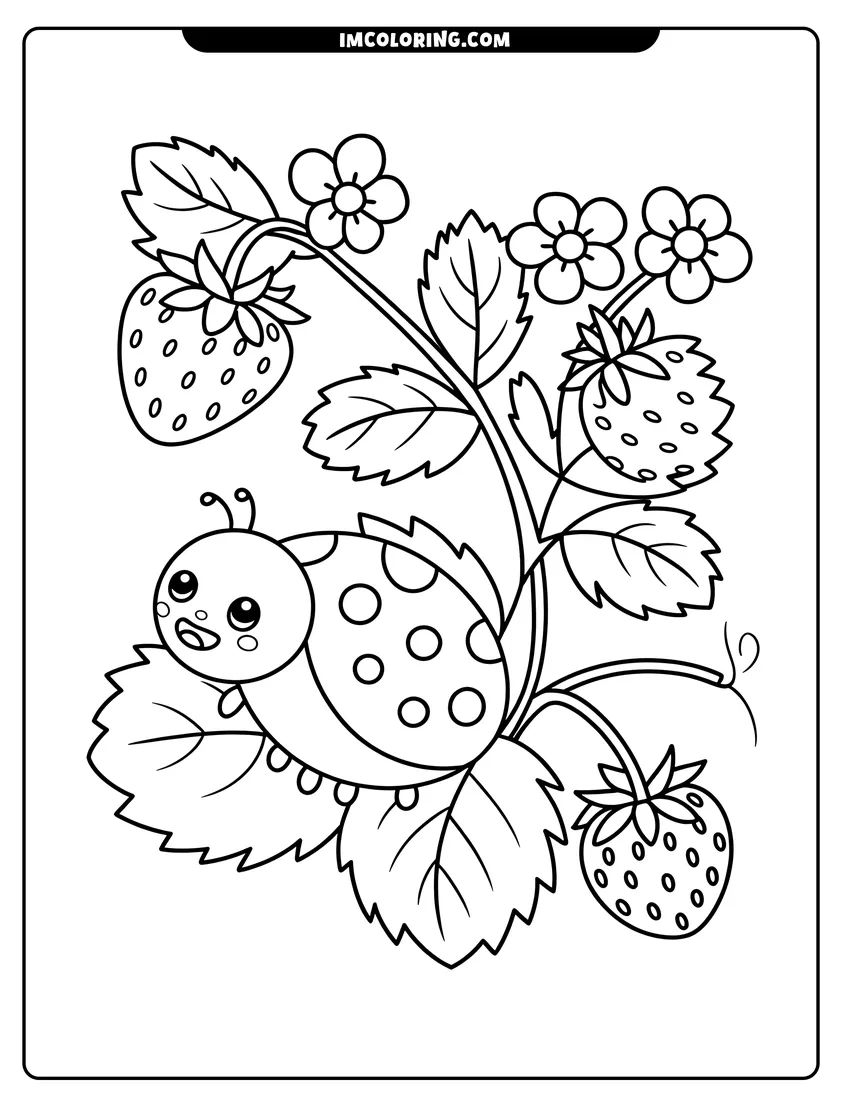 Linear illustration of A cute cartoon ladybug with large eyes sits on a strawberry plant with leaves, flowers, and berries