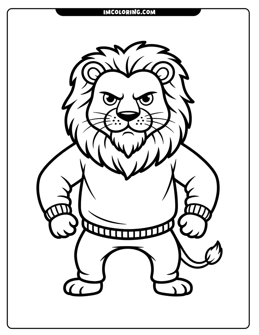 Simple sketch of A cartoon lion with a big mane wearing a sweater and pants standing in a strong pose to color