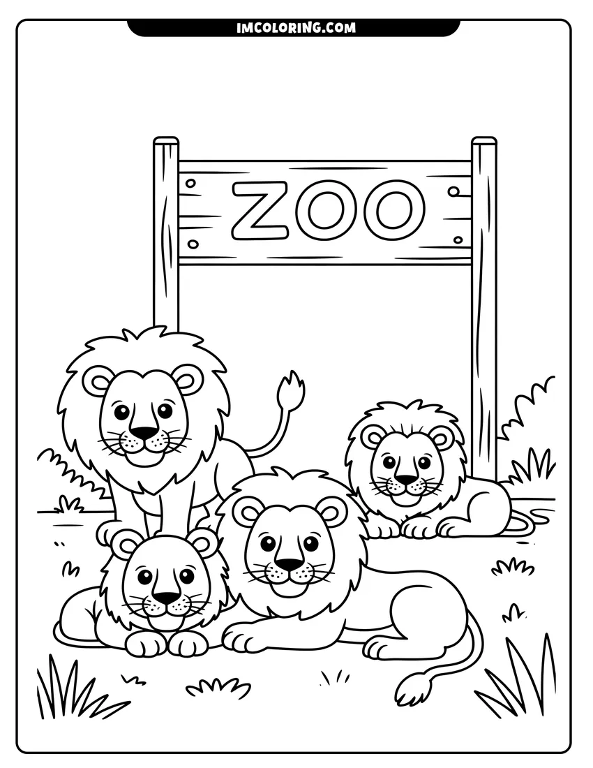 Coloring sheet featuring A pride of four friendly cartoon lions sitting and laying in front of a wooden zoo sign