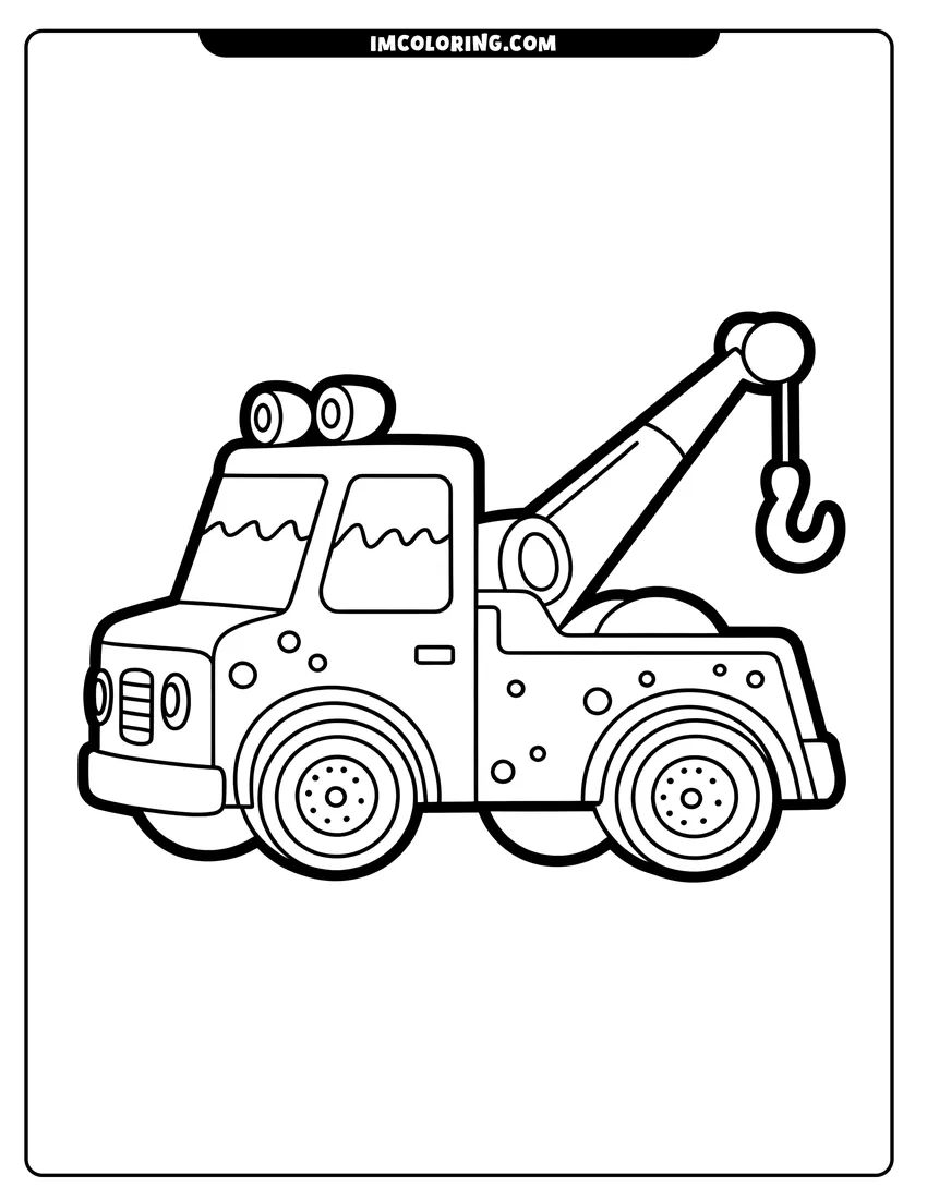 Printable line art of A cartoon tow truck with a crane hook and big friendly eyes waiting for a busy adventure