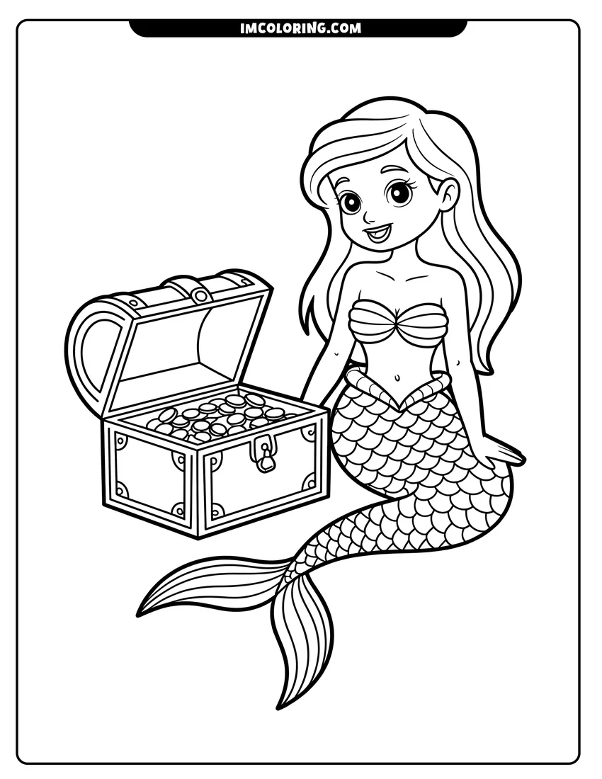 Free printable coloring sheet of A happy mermaid sitting next to an open treasure chest filled with gold coins on the seafloor
