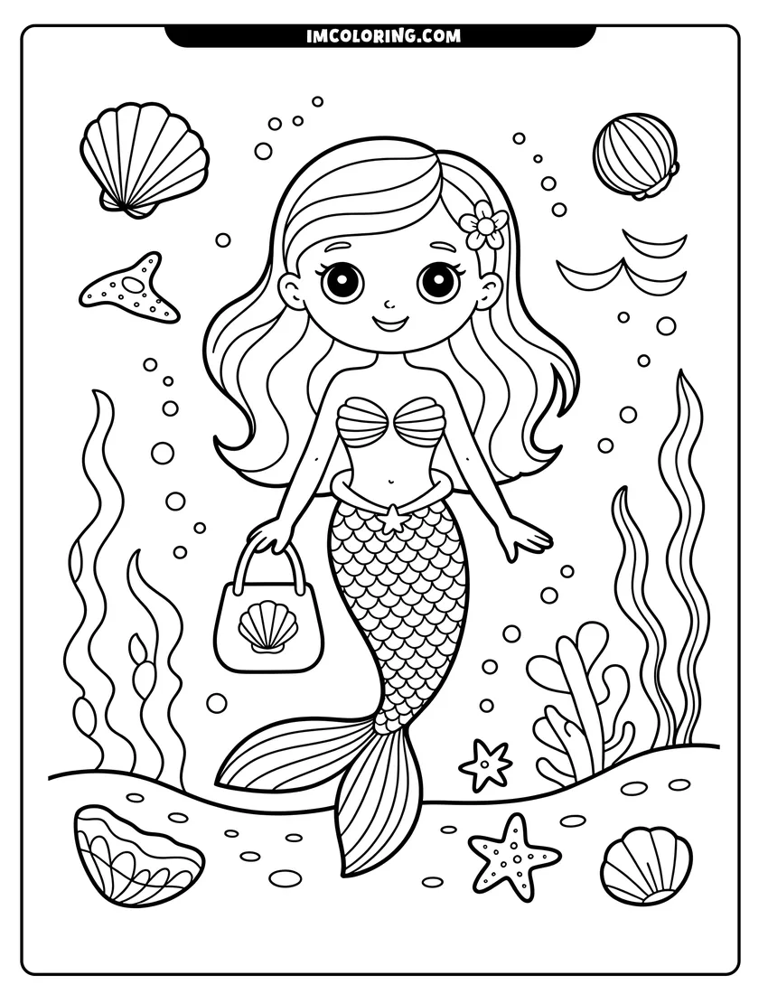 Coloring page for kids: A cute cartoon mermaid holding a seashell purse swims underwater near starfish, seaweed, and floating bubbles