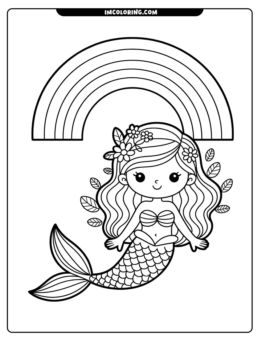 Black and white line art of A chibi mermaid with flowers in her hair smiles while swimming under a large, arched rainbow