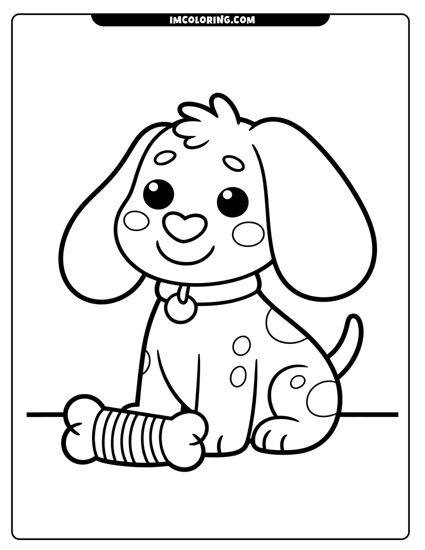 Downloadable coloring page of A cute spotted puppy with floppy ears sitting next to a striped toy bone and smiling