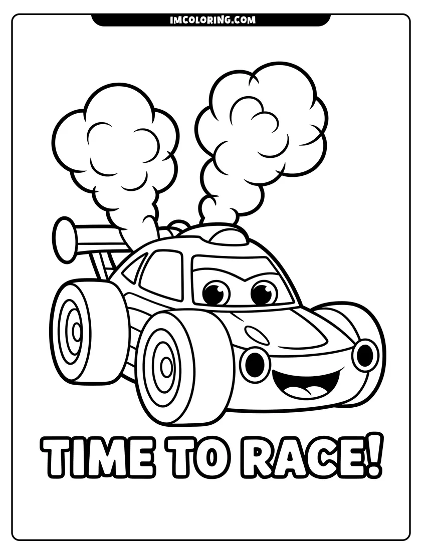 Black and white line art of A smiling cartoon race car with big eyes and exhaust smoke clouds above its spoiler