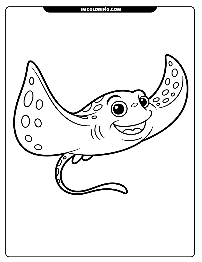 Vector style outline of A happy cartoon spotted stingray with big eyes and a wide smile gliding through the deep ocean