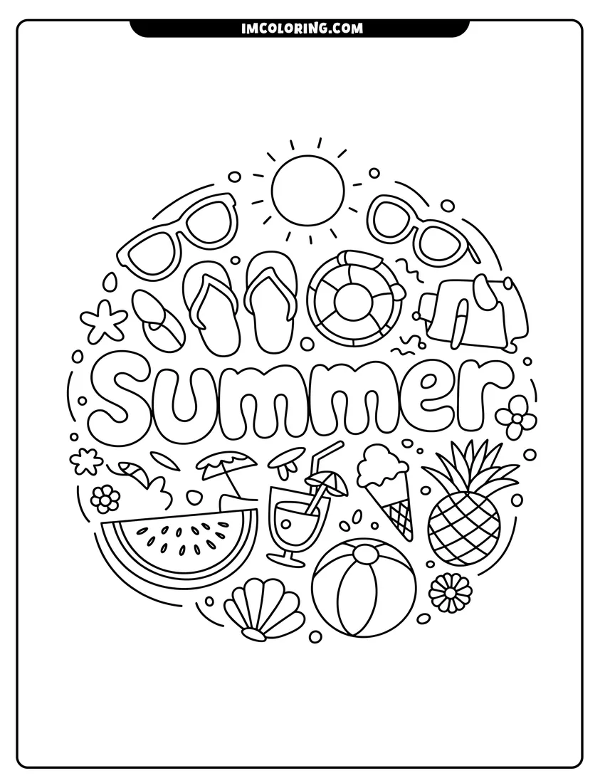 Black and white line art of A collection of summer icons including a sun, sunglasses, watermelon, and ice cream arranged in a circular design