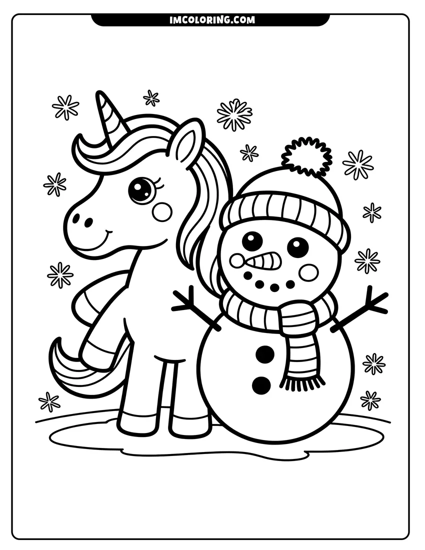 Coloring page of A cute unicorn standing next to a happy snowman wearing a scarf and hat among falling snowflakes