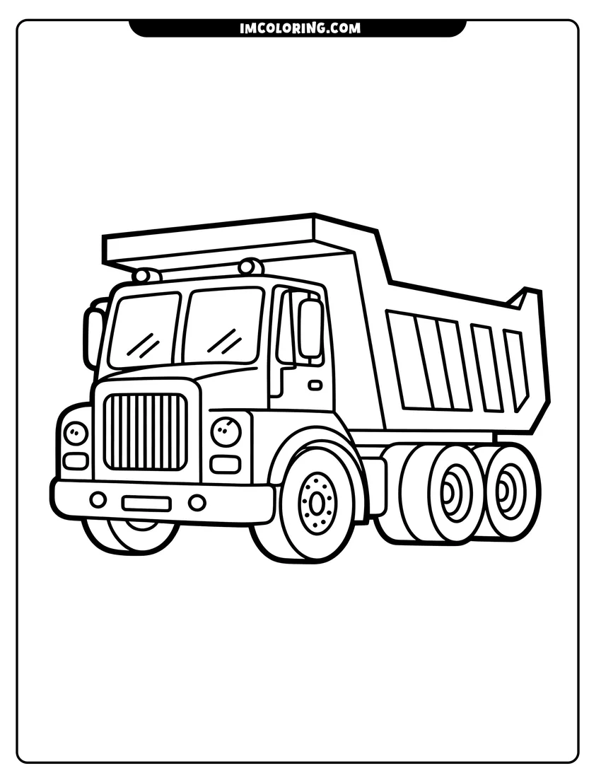 Downloadable coloring page of A large construction dump truck with thick tires and a heavy-duty bed for hauling materials on a site