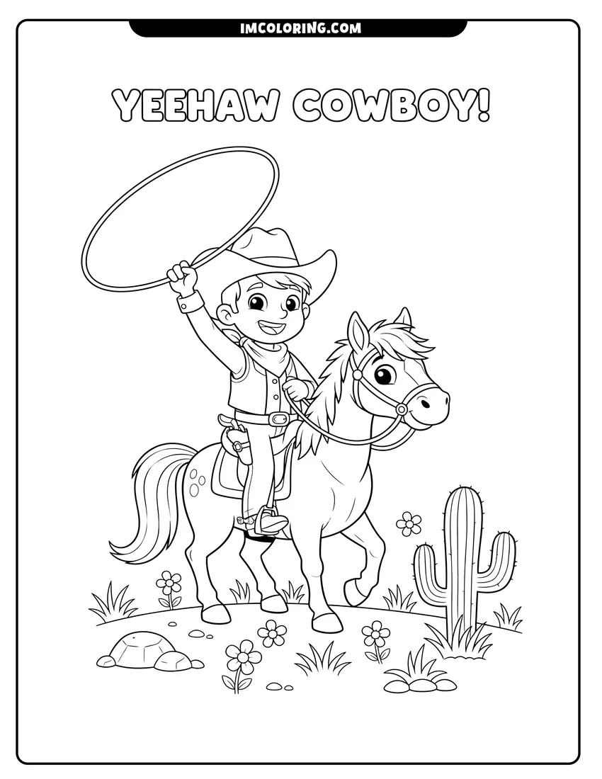 Coloring page for kids: A happy young cowboy riding a horse through the desert while holding a lasso near a cactus