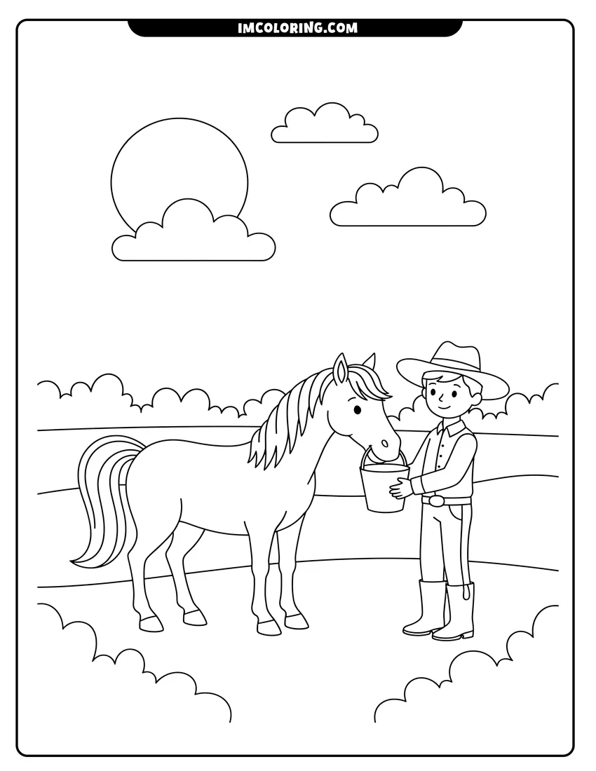 Coloring sheet featuring A young boy in a cowboy hat holding a bucket for a horse in a meadow