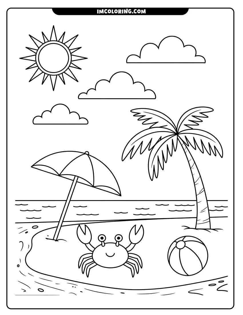 PDF style coloring page: A smiling crab on a sandy beach next to a beach ball, umbrella, and tall palm tree