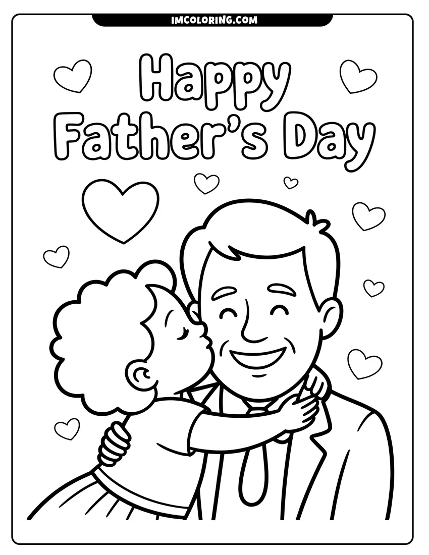 Doodle style coloring picture of A young girl kisses her smiling father on the cheek, surrounded by floating hearts and festive text