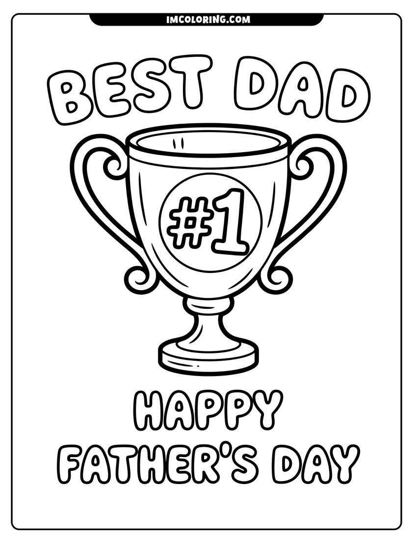 Vector style outline of A winner's trophy labeled number one with text for Best Dad and Happy Father's Day above and below