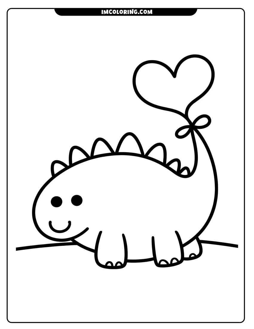 Doodle style coloring picture of A cute cartoon dinosaur with spikes and a heart balloon tied to its tail, standing on a line