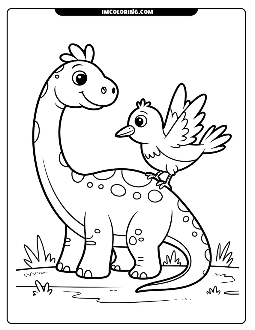 Free to print drawing of A cute long-necked dinosaur with spots smiling at a small bird perched on its back