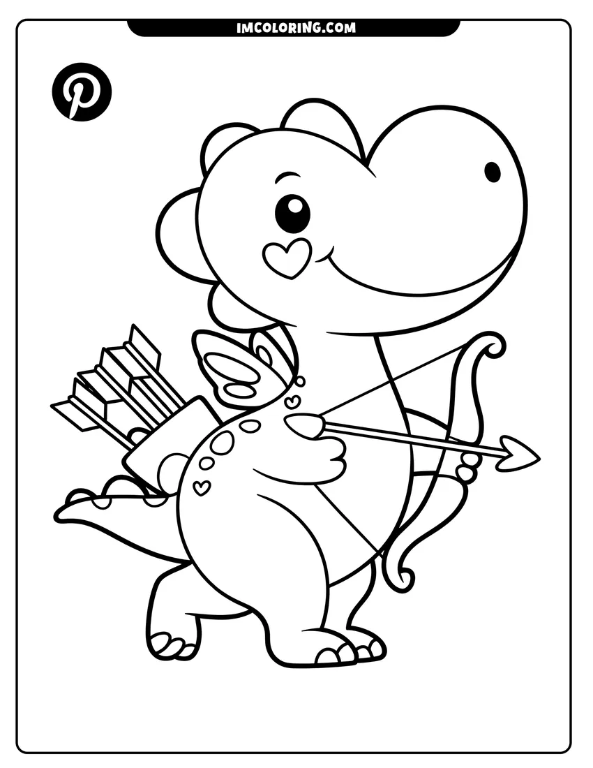 Clean line drawing: A cute cartoon dinosaur dressed as Cupid carrying a bow, arrows, and tiny wings with a heart