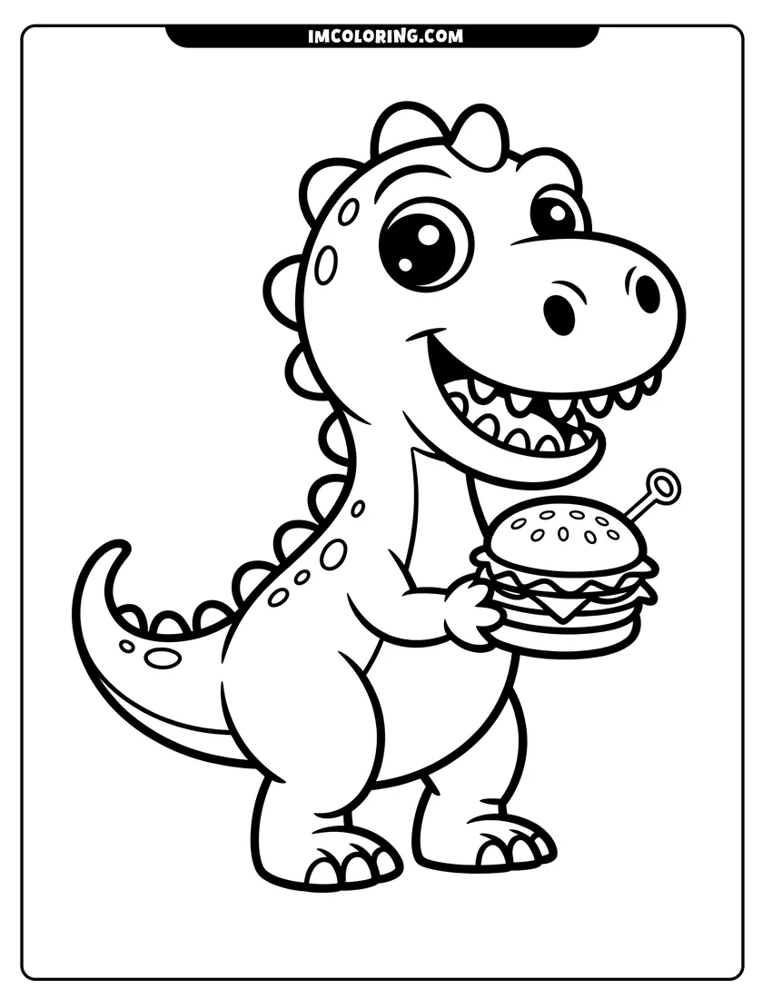 Full page coloring image of A smiling cartoon dinosaur standing and holding a large hamburger with cheese, lettuce, and a toothpick