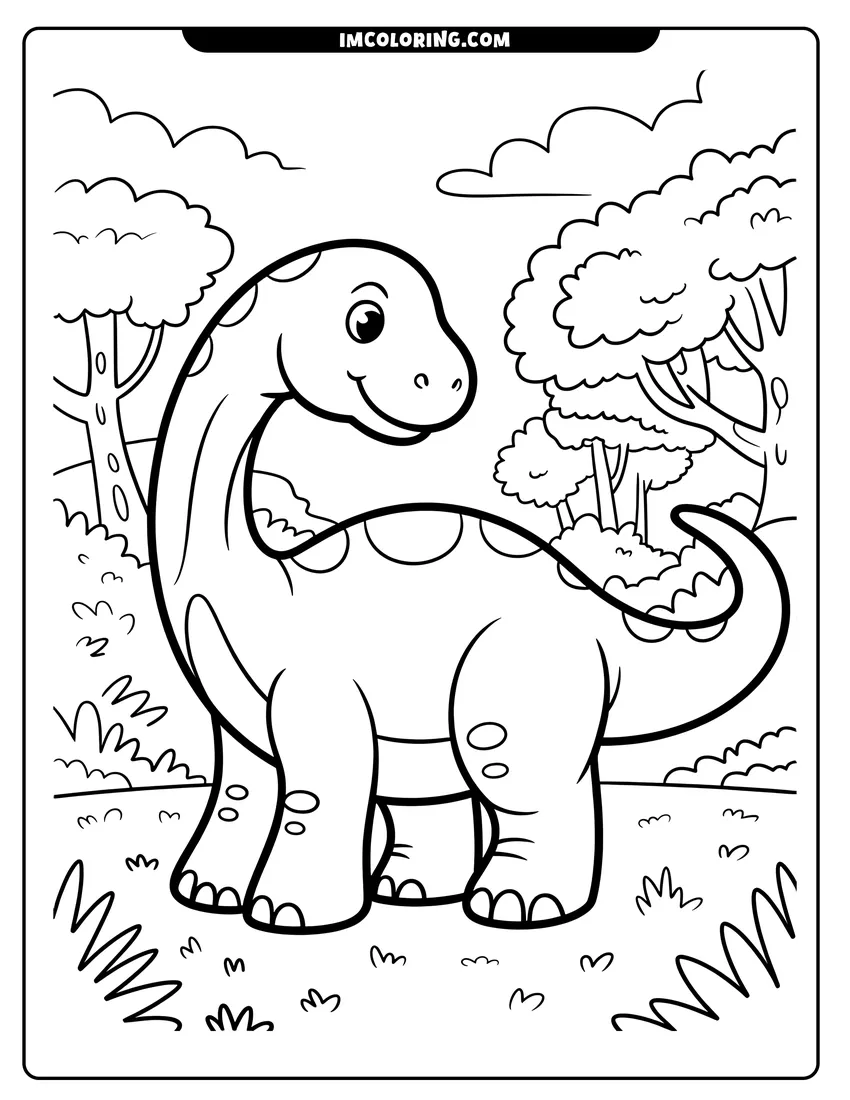 Vector style outline of A cute smiling long-necked dinosaur standing in a forest with trees and fluffy clouds in the background