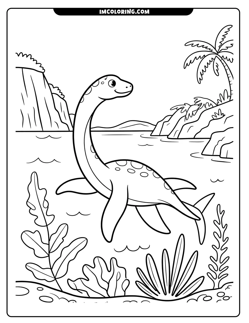 Clean line drawing: A smiling long-necked plesiosaur swimming in the ocean with mountains and a palm tree in the background