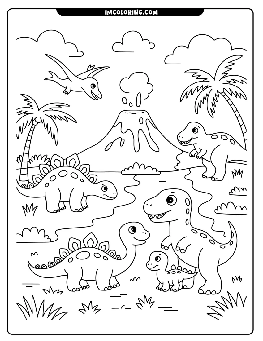 Simple sketch of Several friendly dinosaurs including a T-Rex and Stegosaurus play near a smoking volcano with palm trees to color