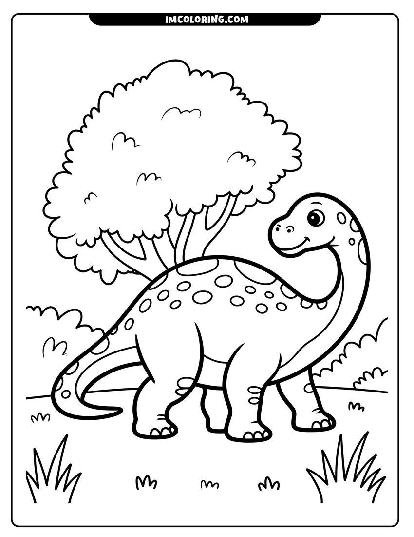 Printable line art of A cute spotted dinosaur with a long neck stands next to a large tree in a forest