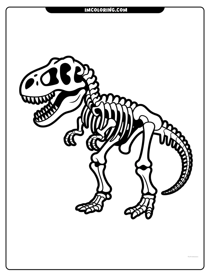 Coloring page for kids: A T-Rex dinosaur skeleton standing with its mouth open showing many sharp teeth in black and white