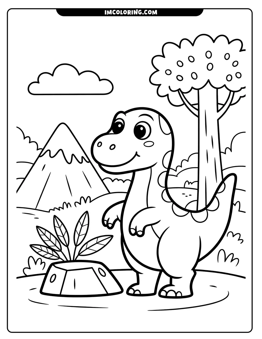 Outline drawing of A friendly cartoon dinosaur with spots standing in a landscape with a mountain, tree, and small plant