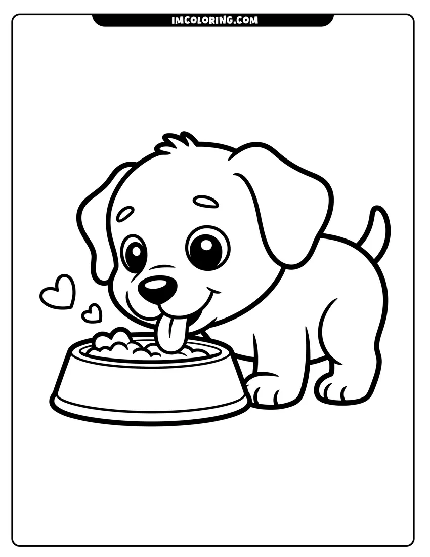 Outline drawing of A happy puppy with big eyes licking food from a bowl with floating hearts next to it
