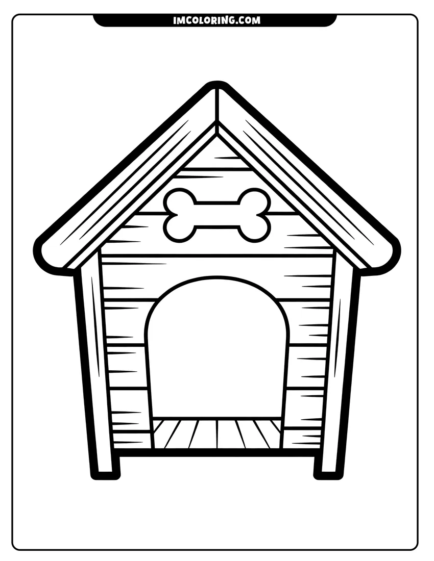 Simple sketch of A simple line drawing of a wooden dog house with a bone emblem above the arched entrance to color