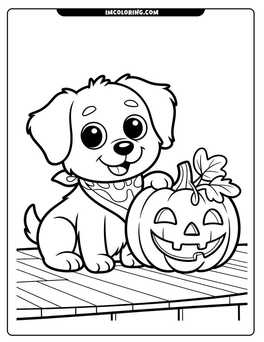 Coloring sheet featuring A cute puppy wearing a bandana sits next to a carved jack-o'-lantern with a smiling face