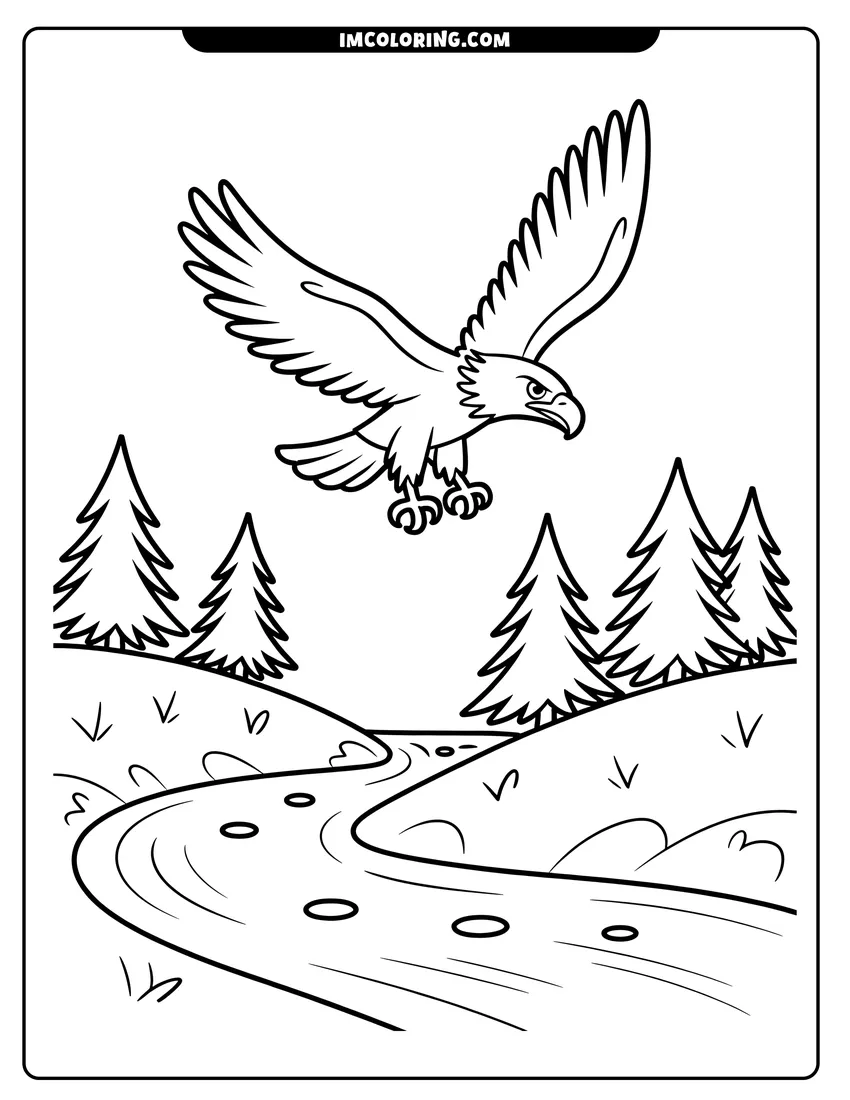 Printable line art of An eagle with wide wings flying over a winding river and pine trees in the wilderness