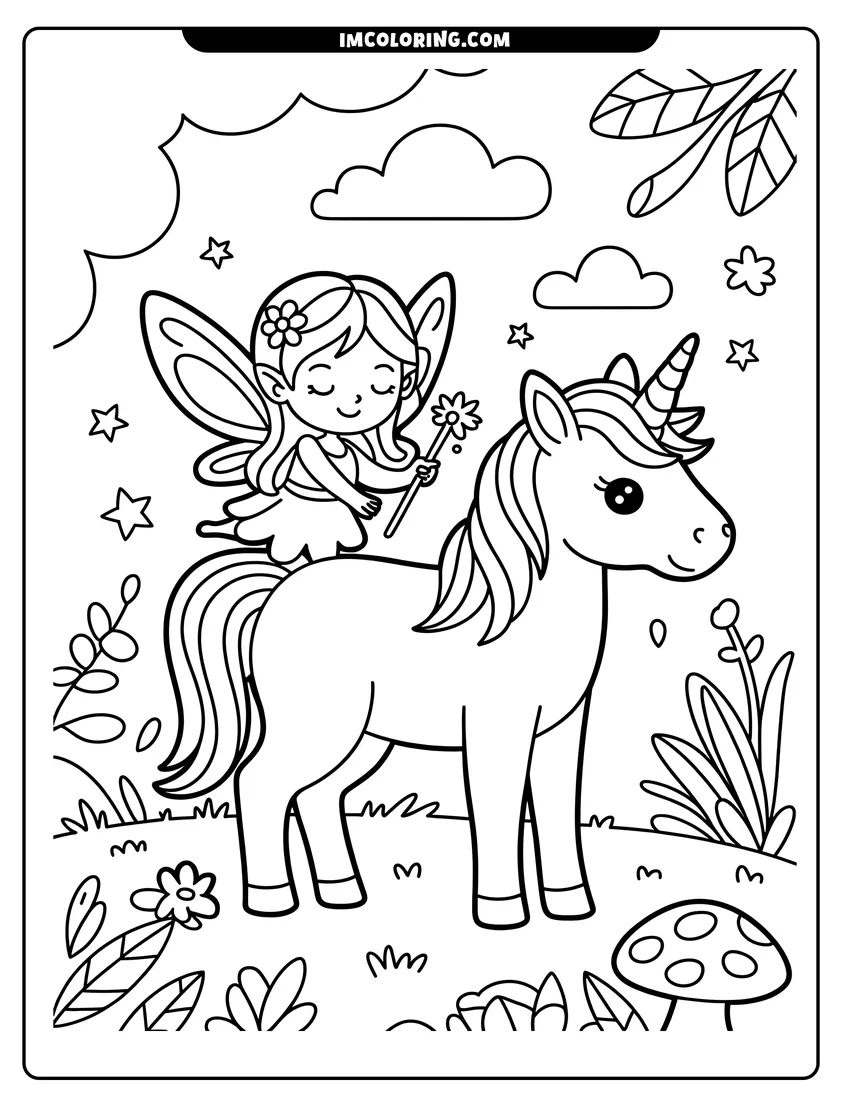 Coloring page for kids: A smiling fairy with wings and a wand riding a cute unicorn in a magical garden setting