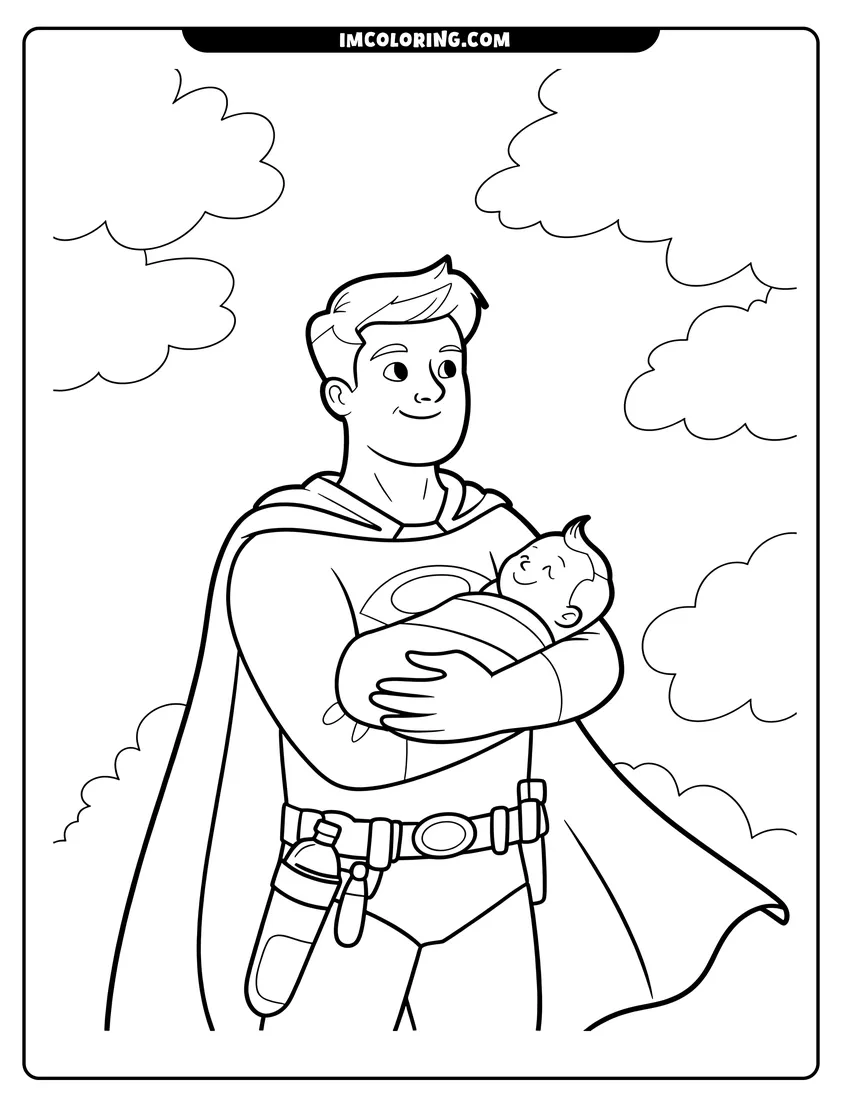 Simple sketch of A father wearing a superhero costume and a utility belt holds a sleeping baby against a cloudy sky to color