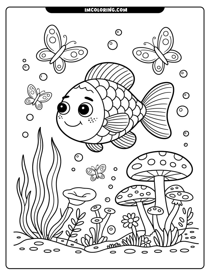 Downloadable coloring page of A happy cartoon fish with large eyes swims underwater near bubbles, coral mushrooms, and flying sea butterflies