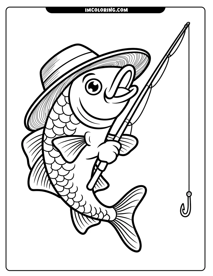 Printable line art of A cartoon fish wearing a sun hat and holding a fishing rod with a hook