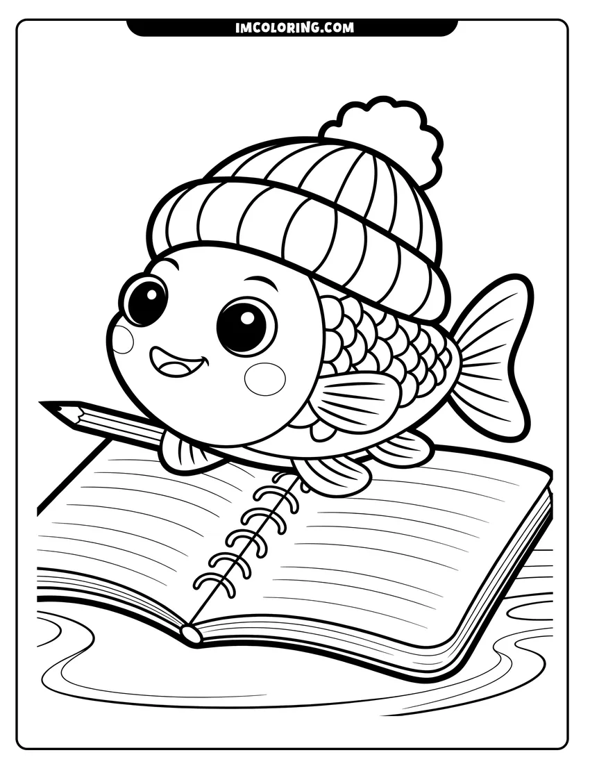 PDF style coloring page: A cute fish wearing a winter beanie hat and holding a pencil on a spiral notebook