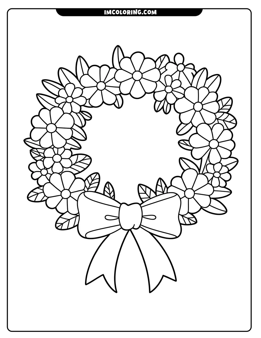 Printable coloring page of A floral wreath illustration featuring many blooming flowers and a large ribbon bow at the bottom