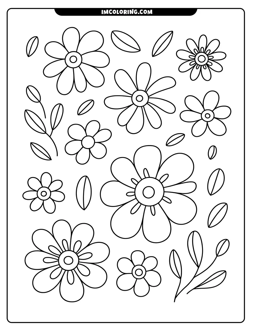 Clean line drawing: Simple line drawing of various flowers and leaves scattered across the frame with thick outlines for kids