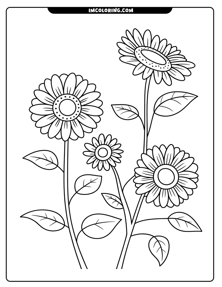 Simple sketch of A line drawing of four large sunflowers with long stems and leaves reaching toward the sky to color