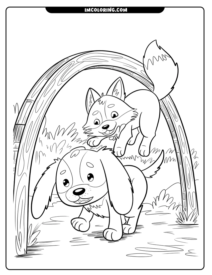 Printable line art of A small fox jumping over a smiling puppy under a wooden garden archway in the grass
