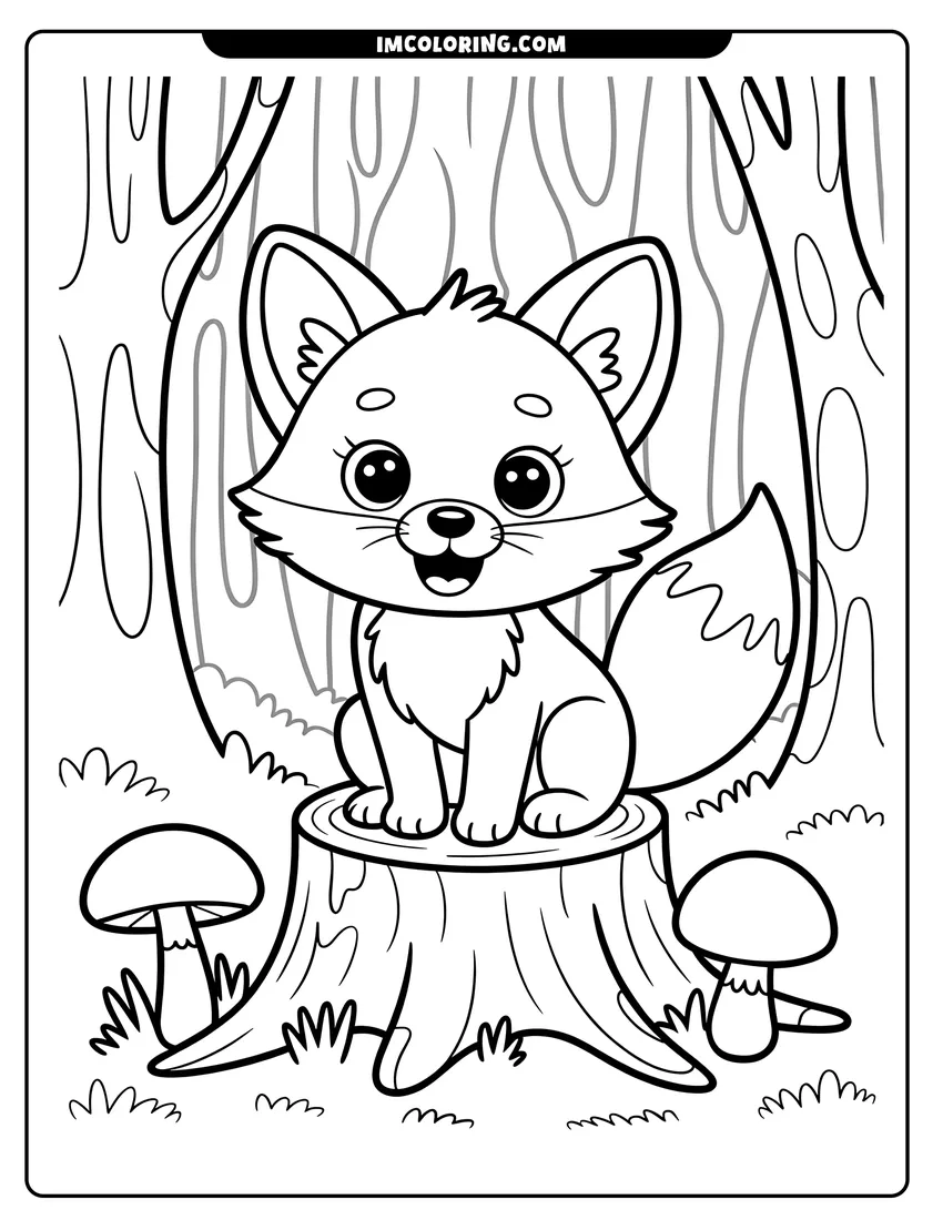 Printable coloring page of A cartoon fox with big eyes sitting on a tree stump between two mushrooms in a forest